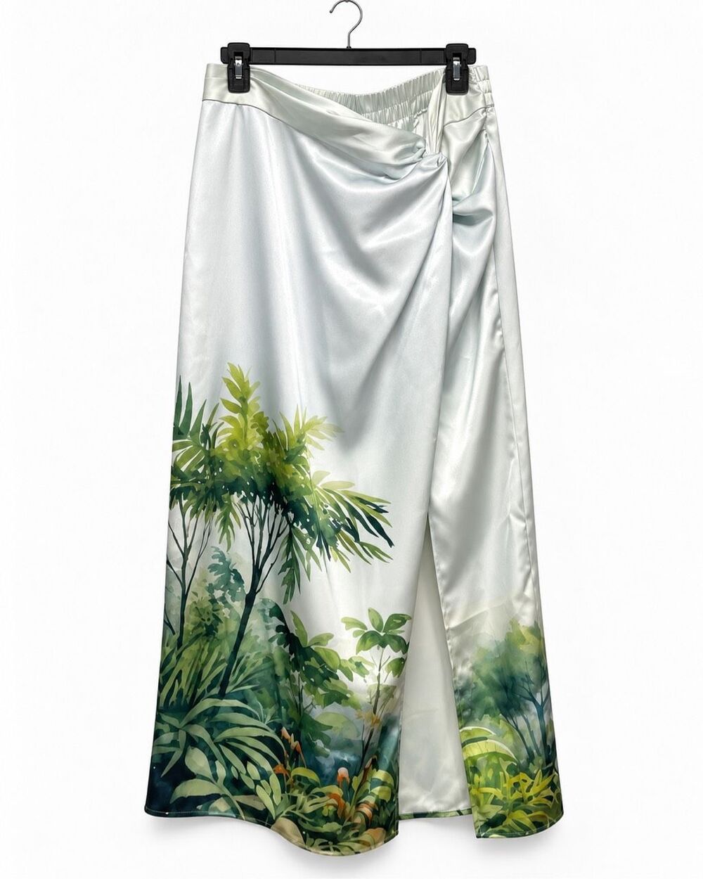 NWT Rachel Zoe Ivory Satin Midi Skirt w/ Slit Green Tropical Print Size L